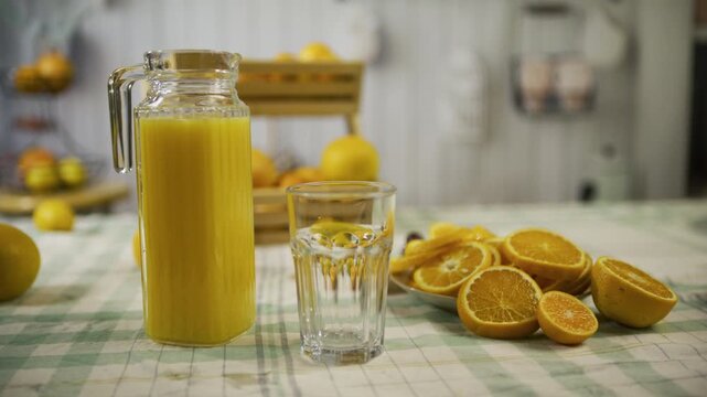 Tracking shot on delicious display of oranges and pitcher of juice