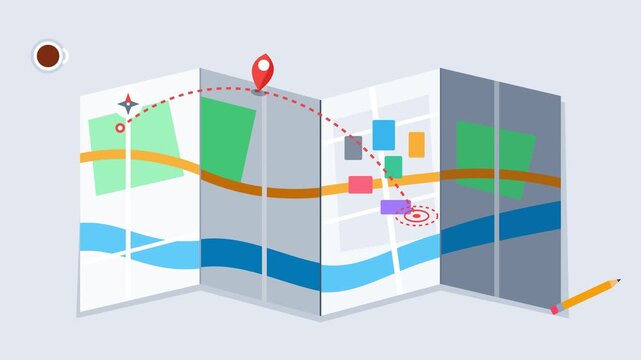 Isometric Folded Paper Map with Travel Route and Location Markers for Trip Planning