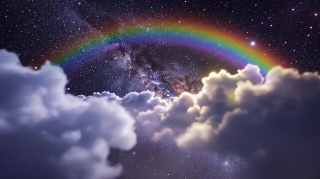 Spectacular Rainbow Arch Over Luminous Starry Night With Soft Fluffy Clouds