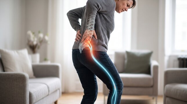 Woman suffering from severe lower back pain and sciatica with visual anatomical illustration highlighting glowing sciatic nerve and spine inflammation in modern home setting