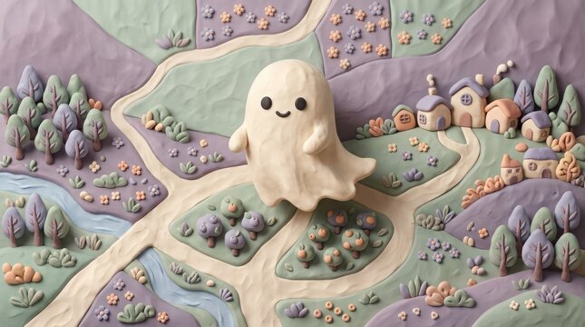 Playful ghost character floating above rolling landscape made of soft modeling clay featuring tiny houses and green trees.