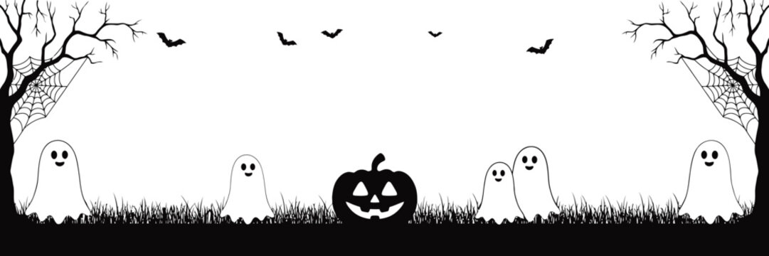 Halloween scene with black silhouette trees ghosts bats and jack o lantern