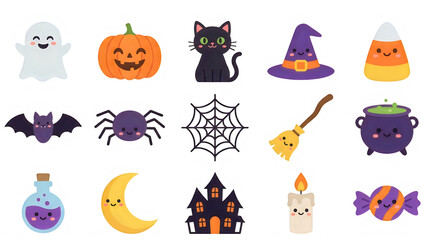Obraz premium Set of cute pixel art icons for halloween with ghost pumpkin cat witch hat candy bat spider broom cauldron moon castle candle and potion