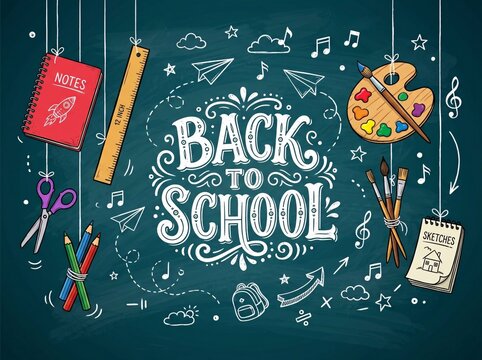 Back to school chalkboard background with hanging school supplies and hand drawn doodles