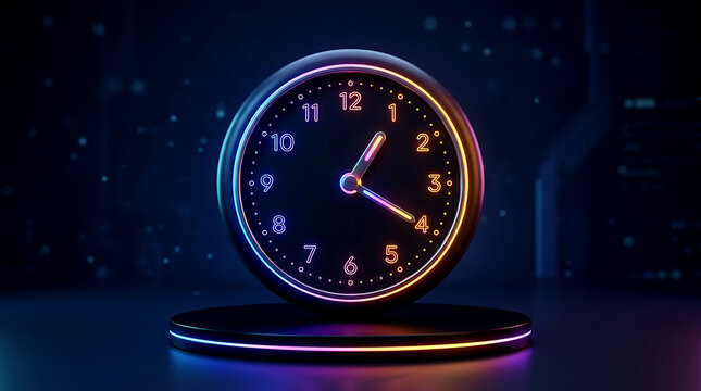 3D Clock on Platform glowing neon round wall clock for time management, countdown, productivity, deadline, and business schedule concept