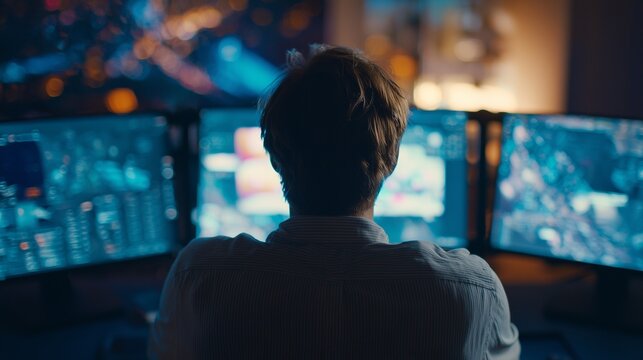 Person at monitor in emergency response center, watching command screen and control room display for crisis coordination, rapid decision making, and situational awareness.