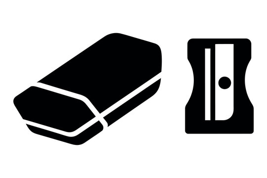Black silhouette of an eraser and pencil sharpener on a white background