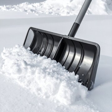 Close up of a metal snow pusher with Teflon coating clearing wet snow