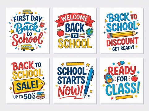 Set of back to school posters with cute school supplies and lettering isolated on white background