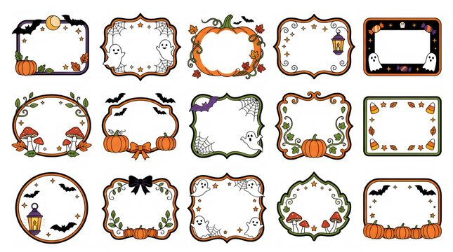 Set of decorative halloween frames and borders with pumpkins and bats in pixel art style
