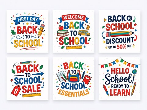Set of back to school social media post templates with cute stationery elements isolated on white background