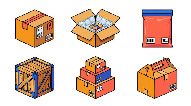 E-commerce shipping package vector icon set including cardboard box, bubble wrap, poly mailer, wooden crate, and takeaway container