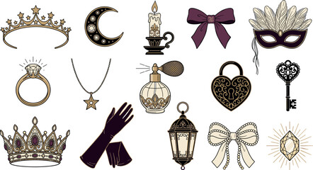 Vintage royal accessories vector set with tiara crown and mask © msthasina