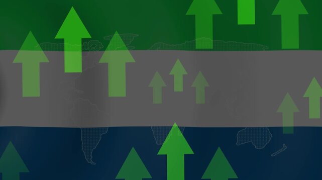 Economic Growth in Sierra Leone: Green upward arrows symbolize burgeoning economic growth and progress against the backdrop of the Sierra Leone flag and a world map.