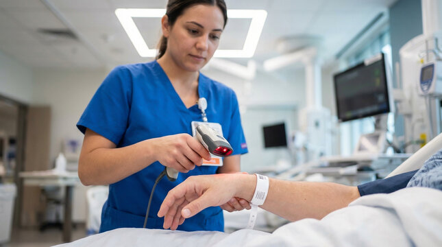 Nurse Scanning Patient Wristband with Barcode Scanner in Hospital Room