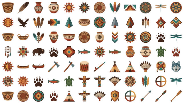 Collection of Native American Symbols and Icons in a Flat Design Style.