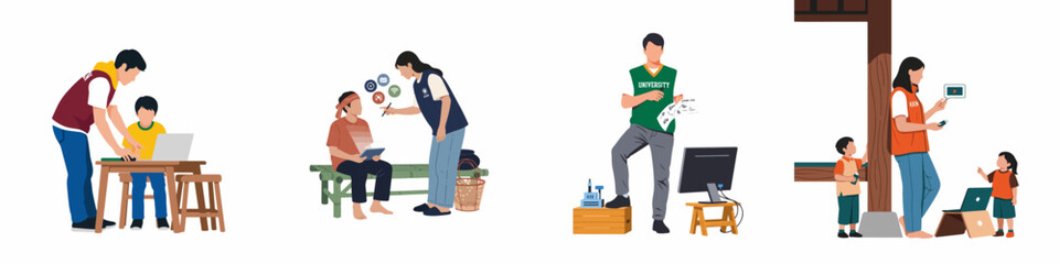 Flat vector illustration of university students conducting community service, teaching technology and digital skills to children and villagers in rural areas.
