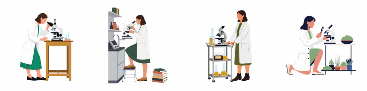 Set of flat vector illustrations of female scientists conducting research, using microscopes, and performing laboratory experiments in white lab coats.