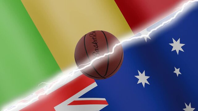 Spinning basketball ball against waving flags Australia and Mali separated by a diagonal electric effect, seamless 4k loop
