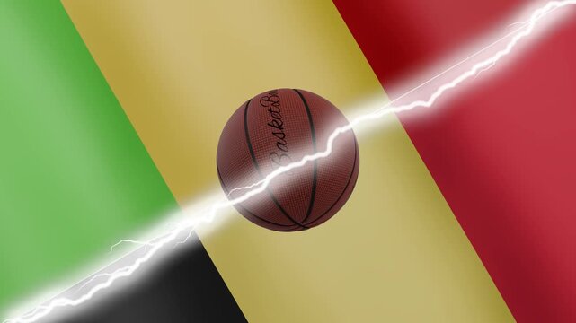 Spinning basketball ball against waving flags Belgium and Mali separated by a diagonal electric effect, seamless 4k loop