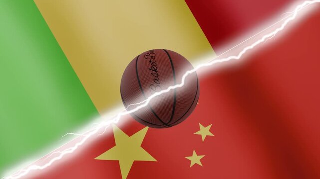 Spinning basketball ball against waving flags China and Mali separated by a diagonal electric effect, seamless 4k loop