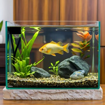 Small home aquarium with goldfish and green aquatic plants on a wooden table in a living room