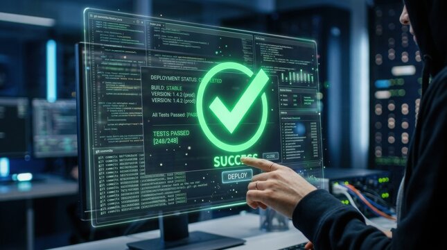Cybersecurity success icon on transparent screen, hacker deploying secure software update, data center server room background with green checkmark