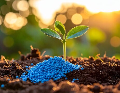 Blue fertilizer granules scattered on soil around young plant in sunlight