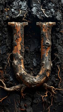Thick tree root forms letter U on a dark background with soil and texture