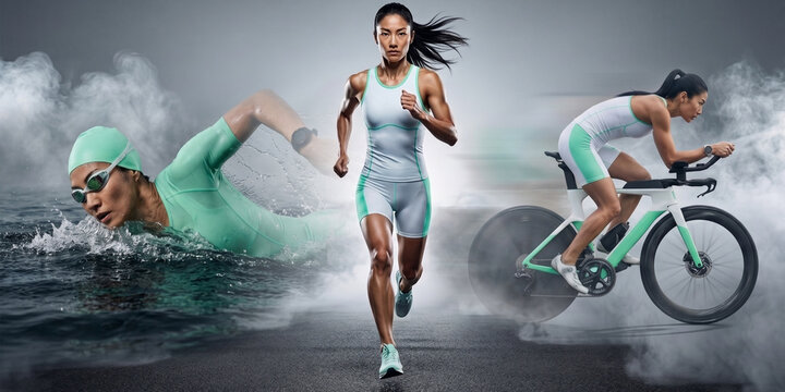 Diverse triathlon athletes swimming cycling and running through dynamic smoky composition. Concept of inclusive sports campaign, endurance teamwork, multisport event promotion.