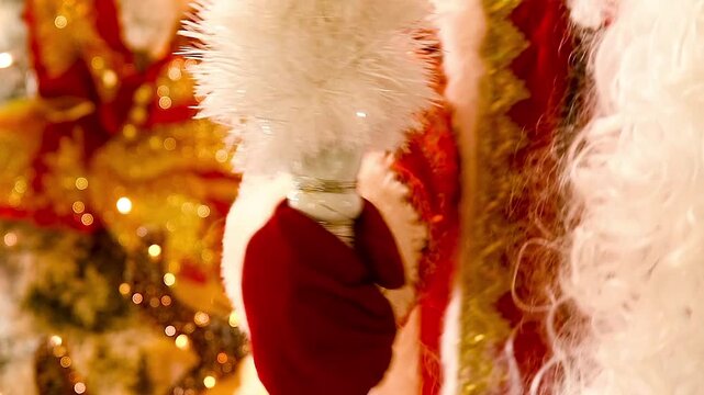 Close-up of the hand of a man in a red Santa Claus costume with a white beard, holding a staff.