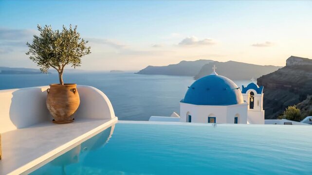 Infinity pool with ocean view and white buildings with blue domes for mediterranean travel and leisure concept