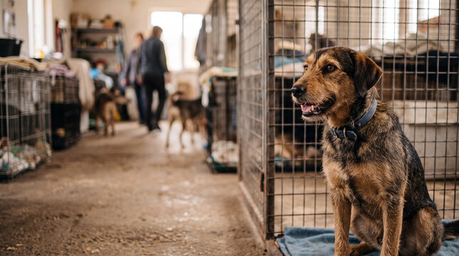 Dog sitting in cage at animal shelter