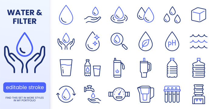 Water, hydration, line icons set. Smart bottle, reusable tumbler, filtration system, pH test, eco drops flat minimal vector illustrations. Simple outline signs. Blue duotone color. Editable Stroke.