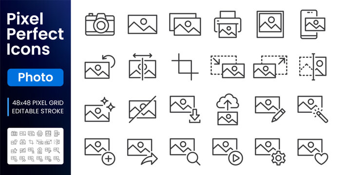 Photo image editing line icon set. Camera, crop, gallery, filter, cloud upload, picture rotate, zoom linear minimal vector illustration. Simple outline signs. 48x48 Pixel Perfect. Editable Stroke.