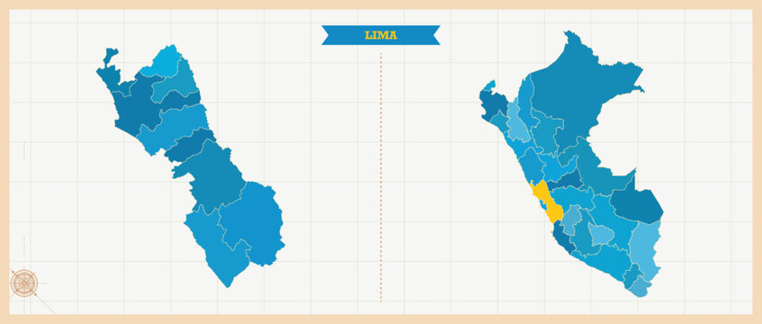 Lima Province Highlighted in Peru Map, Modern Peru and Lima Province Administrative Map, Colorful High Detailed Vector with Geographical Borders