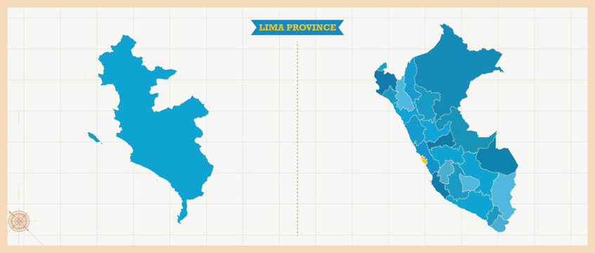 Lima Region Highlighted in Peru Map, Modern Peru and Lima Administrative Map, Colorful High Detailed Vector with Geographical Borders