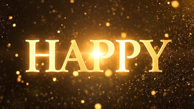Glowing golden typography of the word Happy surrounded by shimmering particles on a dark background