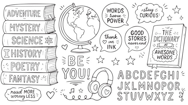 A collection of hand drawn doodle illustrations featuring a stack of genre books, a world globe, headphones, and alphabet letters isolated on a white background.