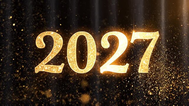 Sparkling gold 2027 year numbers shining against a dark textured background with floating particle effects