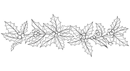 Fototapeta premium Holly branch ornament black and white line art illustration on white background
