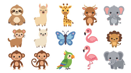 Fototapeta premium Cute cartoon safari animals and birds collection