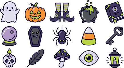 Fototapeta premium Cute Halloween vector icon set featuring spooky magical characters and symbols
