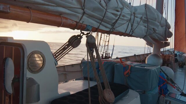 Big sailing boat moves in the Atlantic Ocean under the sails