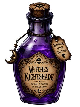 Witches' Nightshade: The Mystical Gothic Potion. A decorative potion bottle with a deep purple liquid labeled "Witches' Nightshade" sits prominently. The label warns "Poison & Power in Every Drop".