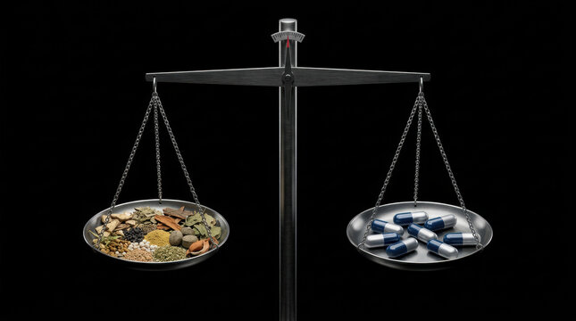 Herbal medicine and pharmaceutical capsules balanced on scale symbolizing biotechnology in cancer treatment research and development progress