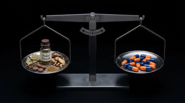 Herbal medicine and pharmaceutical capsules balanced on scale representing biotechnology and treatment options for cancer research and health care