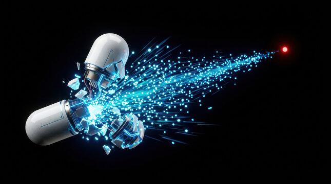 Capsule digital technology futuristic medicine science cancer treatment biotechnology innovation glowing particles explosion data abstract