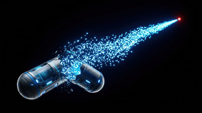 Capsule releasing glowing particles in dark background symbolizes biotechnology innovation for cancer treatment and advanced medical research