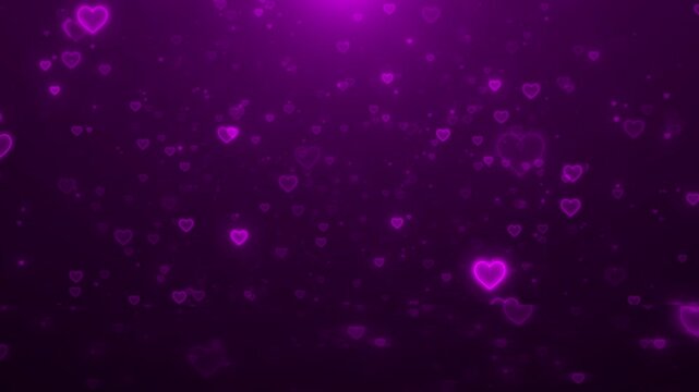 Purple glowing hearts background soft neon love icons, dark romantic atmosphere, floating bokeh particles. for Valentine , wedding edits, romantic intros, anniversary slideshows, dreamy overlays.